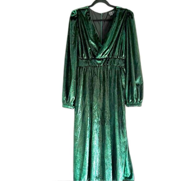 PatBO Green Liquid Velvet V-Neck Long Sleeve Midi Dress Size 8 - Picture 10 of 11